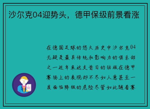 沙尔克04迎势头，德甲保级前景看涨