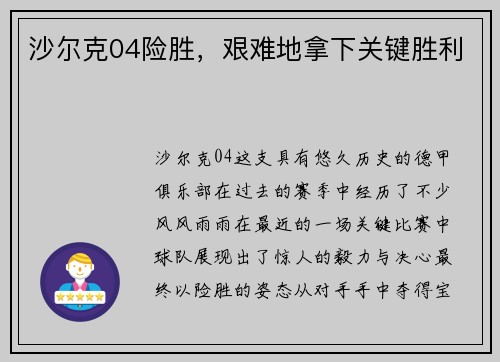 沙尔克04险胜，艰难地拿下关键胜利